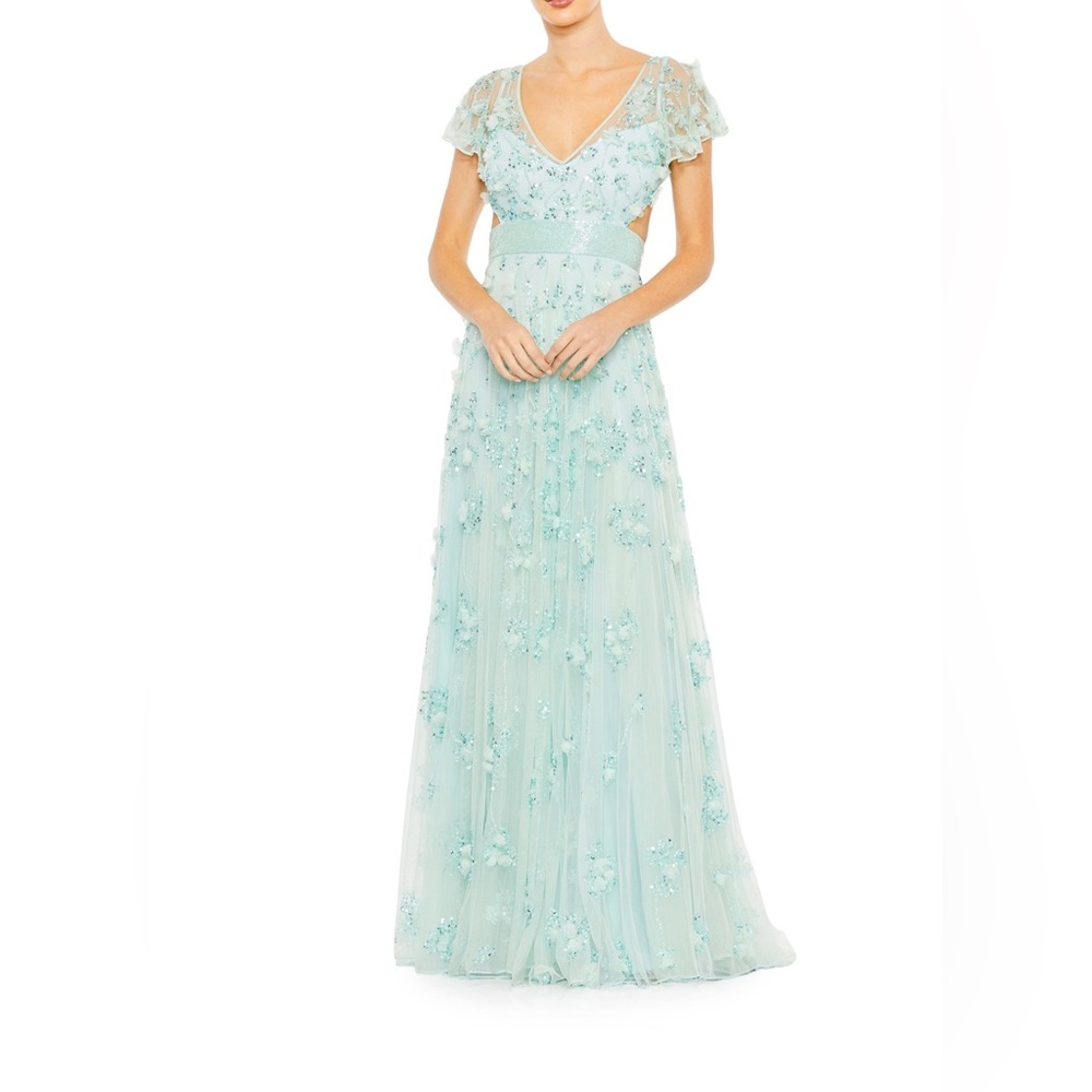 Mac Duggal Embellished Lace Up Flowy Gown Aqua